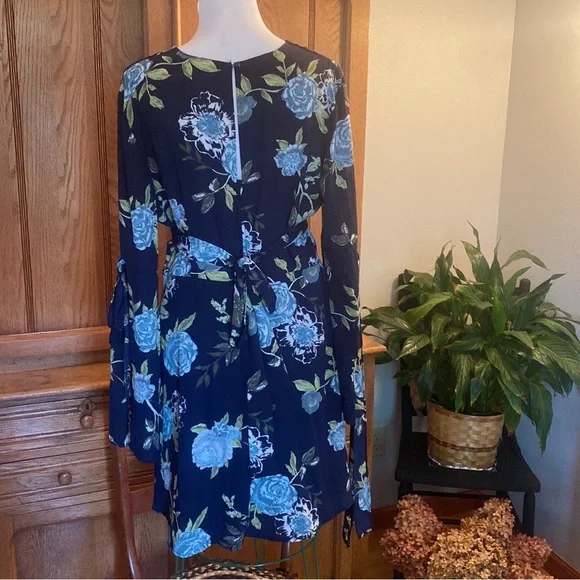 Maurices Floral Mini Dress - Blue and Green boho trumpet sleeves navy sage XL - Picture 8 of 16